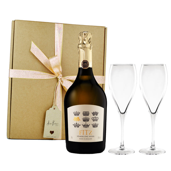 Fitz English Sparkling Wine with Fizz Glasses Gift Set with a metallic gold ribbon and kraft gift box