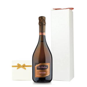 Ca'Salina Brutissimo Sparkling Pink Moscato Very Dry (Extra Brut) Wine and Truffles in an ivory gift box and pink satin bow