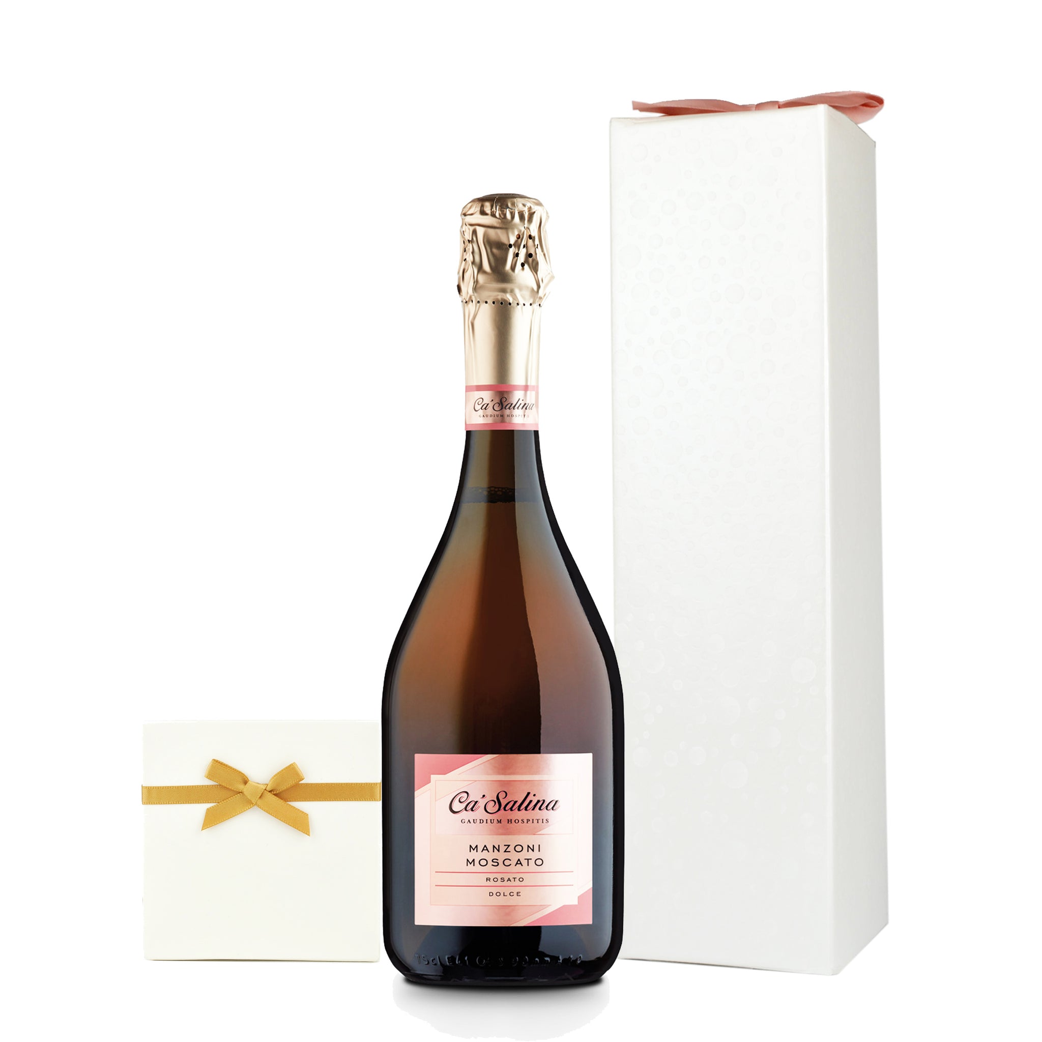 Ca'Salina Sparkling Pink Moscato with chocolate truffles in an ivory gift box and pink bow