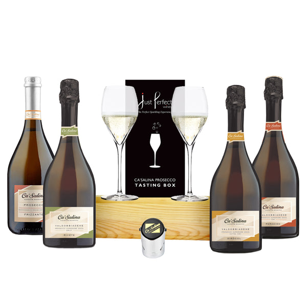 Ca'Salina Prosecco Tasting Box with 4 Proseccos, 2 Prosecco glasses, Prosecco stopper and tasting guide.  Gift wrap options available.