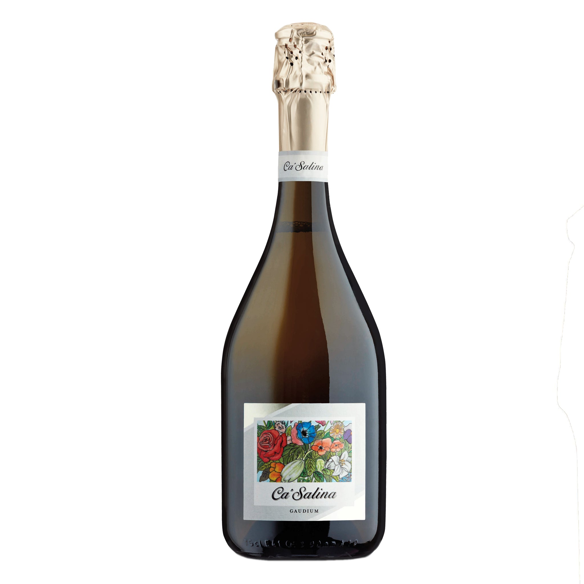 Bottle of wine with a colorful  floral label on a white background