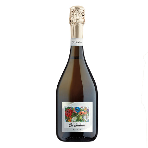 Bottle of wine with a colorful  floral label on a white background