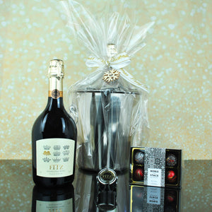 Fitz English Sparkling Wine Hamper Christmas Gift Set with Handcrafted Chocolate Truffles by Noble and Stace and a Fitz Fizz Stopper, presented in a Stainless Steel Ice Bucket 