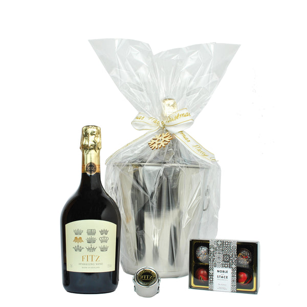Fitz English Sparkling Wine Hamper Christmas Gift Set with Handcrafted Chocolate Truffles by Noble and Stace and a Fitz Fizz Stopper, presented in a Stainless Steel Ice Bucket