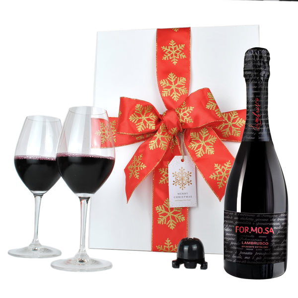 Premium Red Sparkling Formosa Lambrusco Medium Dry with 2 Riedel Champagne Wine Glasses and fizz stopper presented in a white magnetic box with christmas ribbon and tag