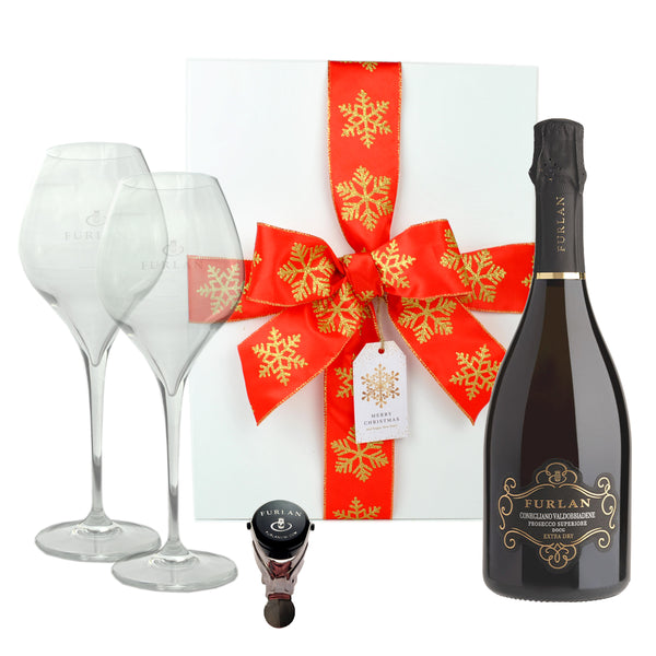 Luxury Christmas Furlan Prosecco Superiore DOCG Exrra Dry Gift Set with 2 Branded Furlan Prosecco Glasses and Prosecco Stopper in a white magnetic gift box and christmas ribbon