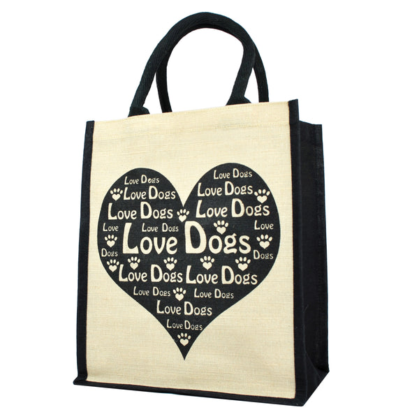 Love Dogs Organiser Bag with removable divider made in natural Juco with a black heart and paw design