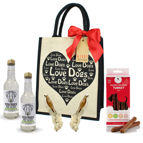 Love Dogs Christmas Treat Bag Hamper with natural treats including Posh Pooch, Turkey Sticks and Rabbit Ears in a black and natural Juco Jute bag 
