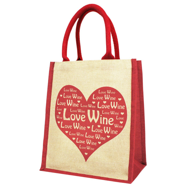 Love Wine shopping bag and 6 wine bottle carrier  in red and natural Juco with heart design