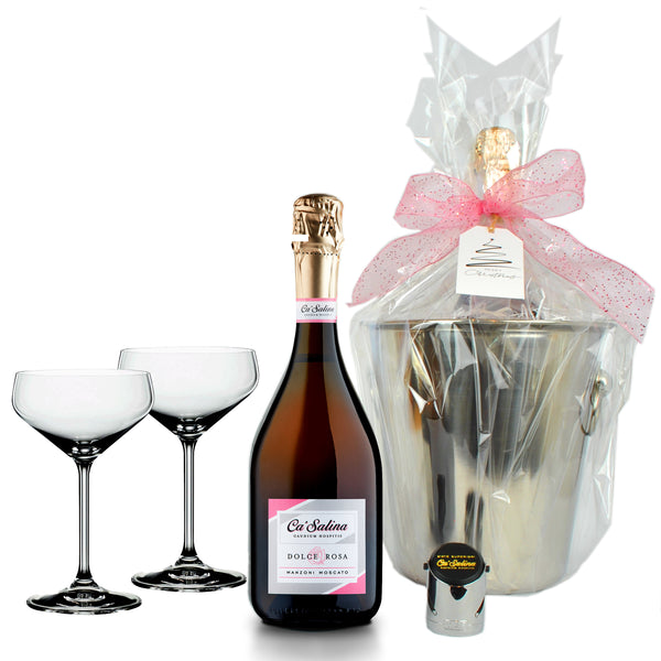 Ca'Salina Christmas Sparkling Pink Moscato Dolce Rosa Ice Bucket Gift Set with 2 Coupe Glasses and Stopper 