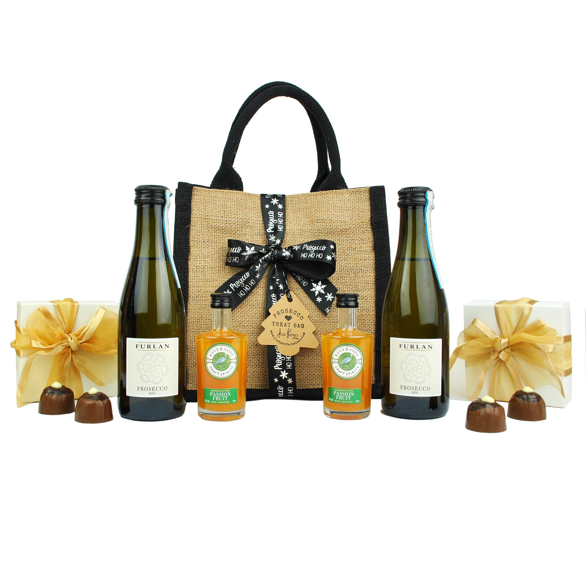Mini Christmas Prosecco Treat Bag Hamper featuring Prosecco, Passion Fruit Gin Liqueur and Chocolate Truffles