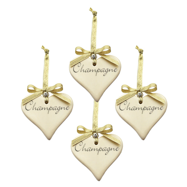 4 x Champagne Ceramic Heart with Gold Ribbon Decoration