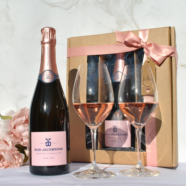 Busi Jacobsohn English Sparkling Wine Rose Gift Set with 2 Riedel Champagne Glasses