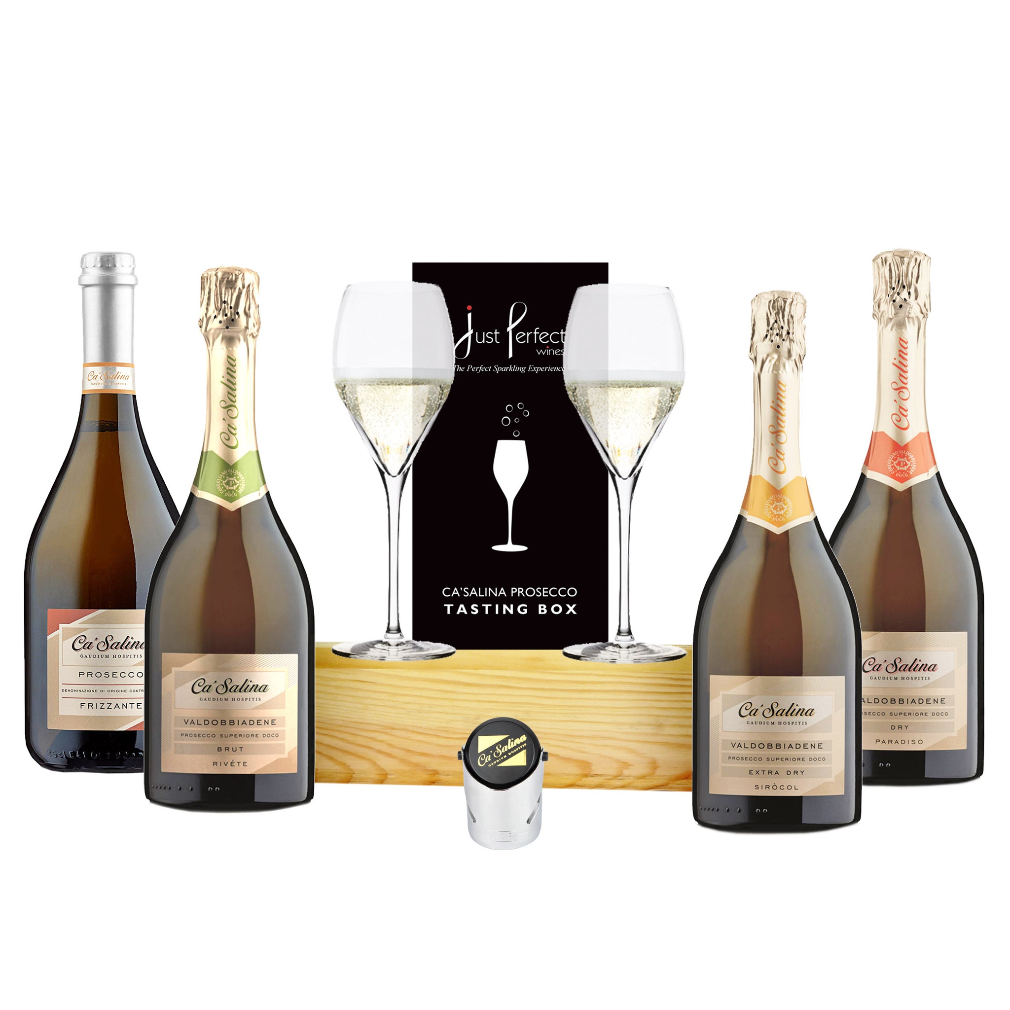 Ca'Salina Prosecco Tasting Box - 4 full sized different Proseccos , Ca'Salina branded Prosecco glasses, Prosecco Stopper and Tasting Guide - all you need for a Prosecco event in a box