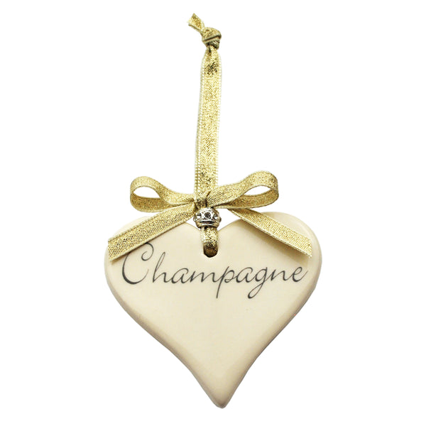 Champagne Ceramic Heart with Gold Ribbon Decoration