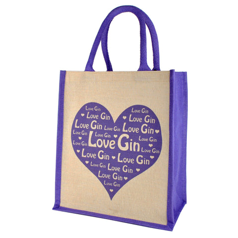 Love Gin Shopping Bag / 6 Bottle Carrier with Removable Diviider Jute Juco in Natural and Violet Purple