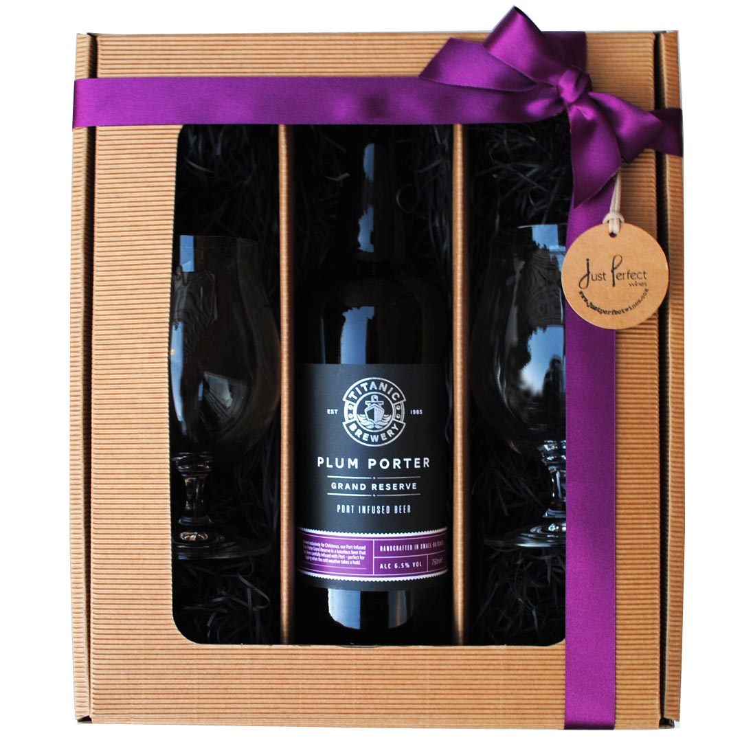 Titanic Brewery Plum Porter Grand Reserve Gift Set with 2 Spiegelau beer glasses in a kraft gift box