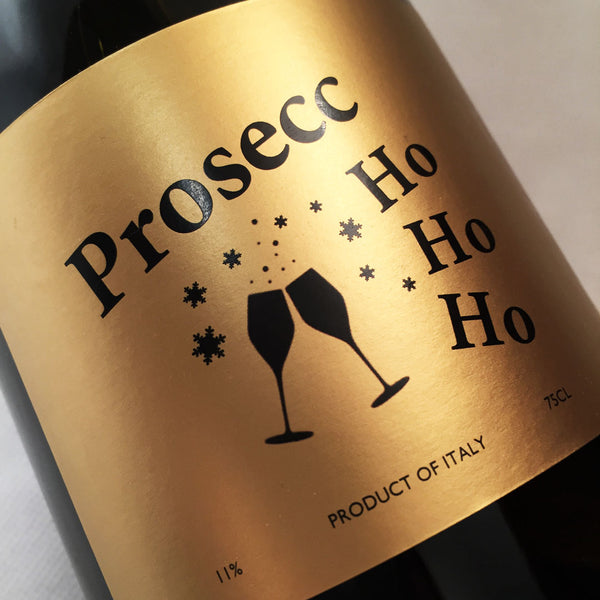 Close up of the Prosecc Ho Ho Ho label