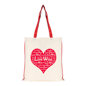 Love Wine Tote Cotton Shopping Bag with red handles, trim and Love Wine heart design just perfect as a gift bag for wine lovers